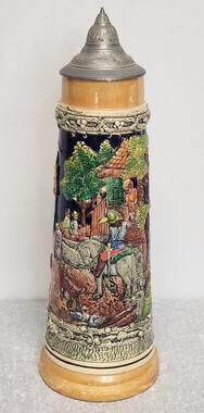 Vintage German  Beer Stein w Pewter Lid-Tall 17"